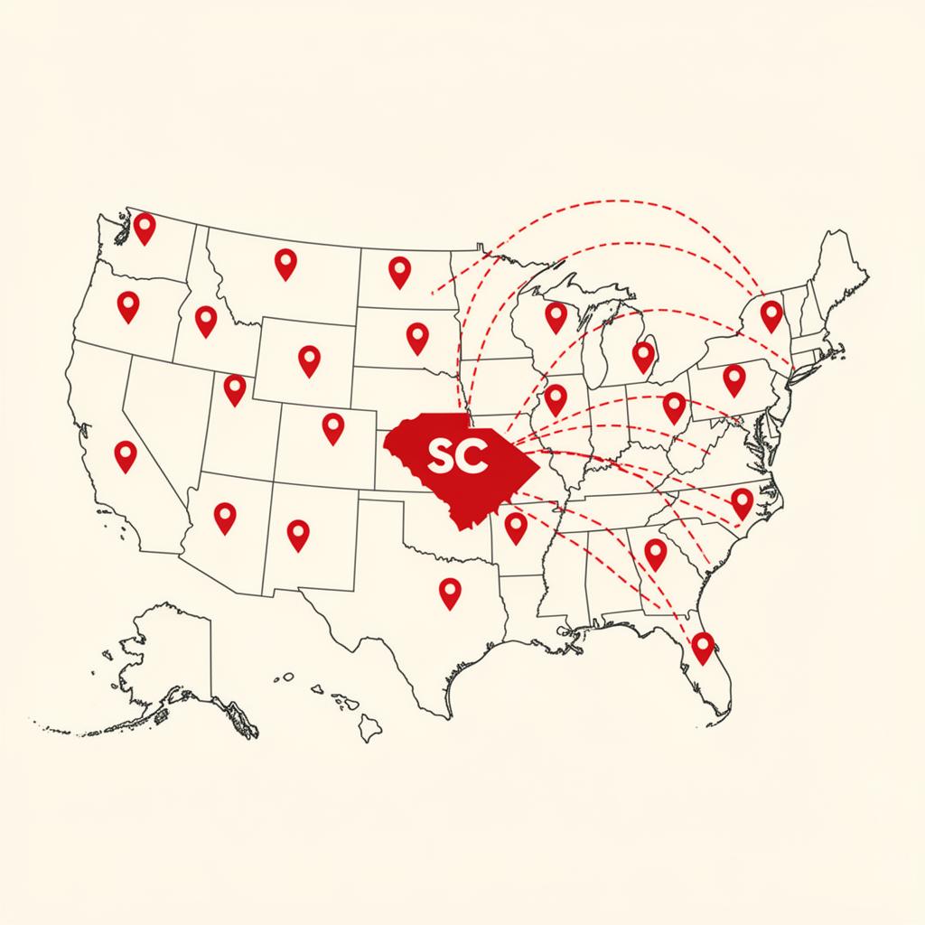Map of the United States showing nationwide free mail-in shipping to South Carolina