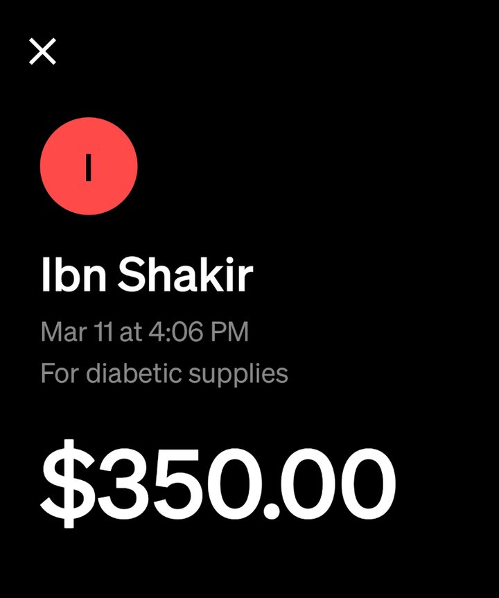 Cash App payment of $350 sent for diabetic supplies