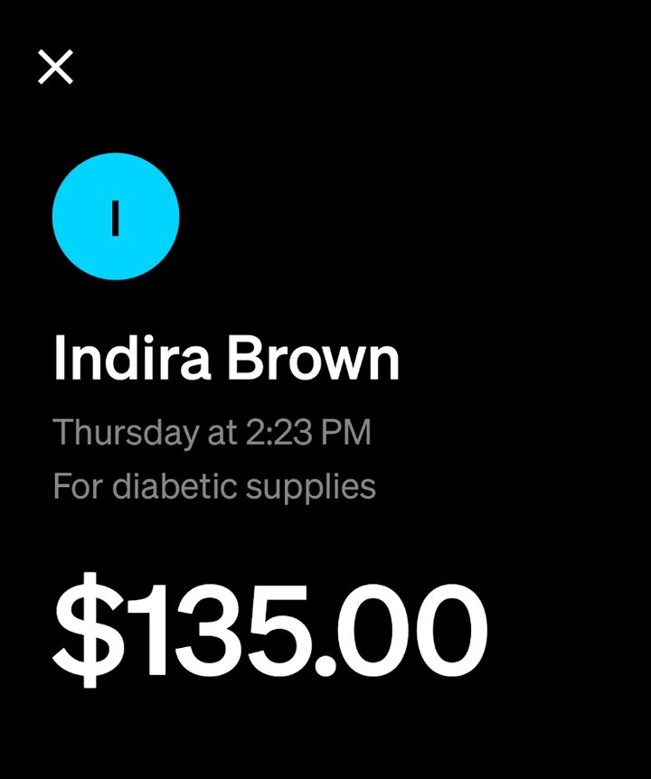 Cash App payment of $135 sent for diabetic supplies
