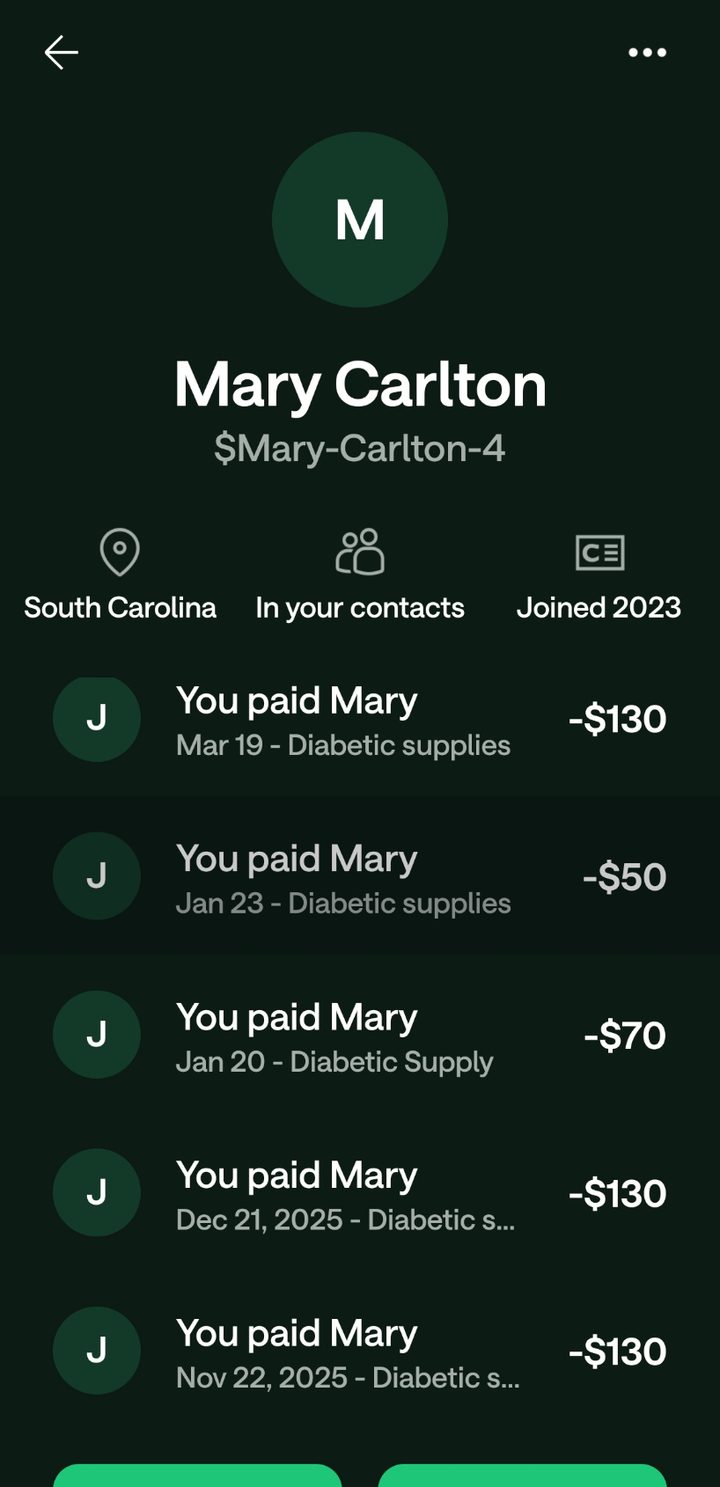 Venmo payment history showing multiple payments for diabetic supplies